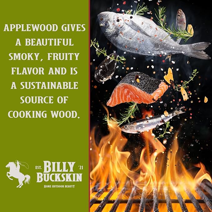 Billy Buckskin 18 LB Applewood Cooking Firewood – Includes 1lb 100% Natural Apple Wood Chips & Fatwood Starter Sticks for Fire Pit, Campfire, Fireplace, Wood Stoves and Outdoor Grilling