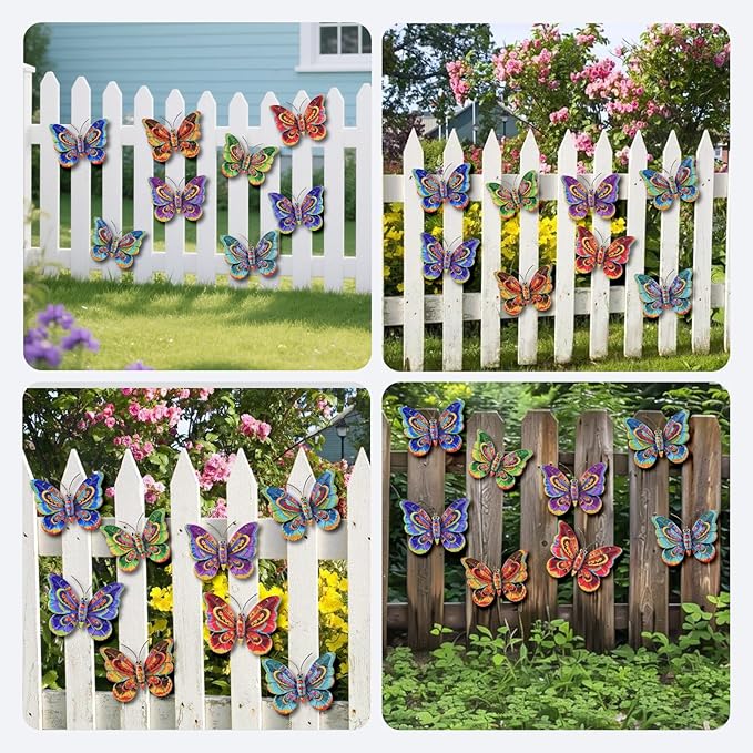 Junware 8 Pieces Metal Butterfly Wall Art Decor - 5.9" Outdoor Fence Wall Sculpture Decor, Hanging Decoration for Garden Yard Living Room Bedroom Patio Balcony, Nice Gift for Mom Friend