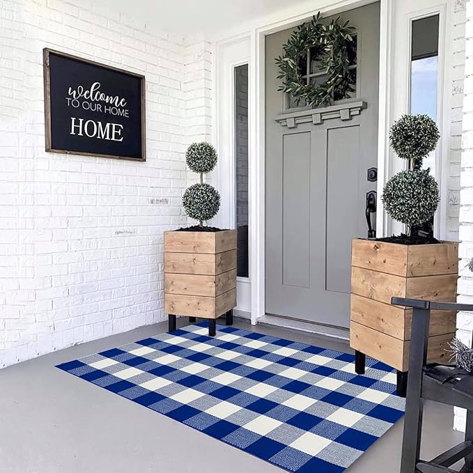 MUBIN Cotton Buffalo Plaid Rug, 3'x5' Blue and White Outdoor Rug Front Door Decorative Mat, Hand-Woven Foldable Rug for Layered Door Mats Washable Carpet for Front Porch, Entryway, Farmhouse