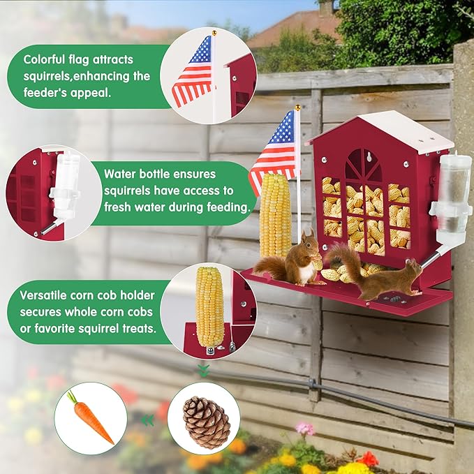 Metal Squirrel Feeder for Outside, Hanging Squirrel House for Outdoors with Water Bottle, Flag and Corn Cobs Holder, Peanut Feeder for Chipmun，Red