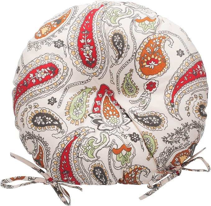 Magpie Fabrics Outdoor Round Bistro Seat Cushions with Ties, 15"x15"x4" Set of 2, Tufted Waterproof Barstool Chair Pads for Patio Home Garden Office, Paisley Beige Red
