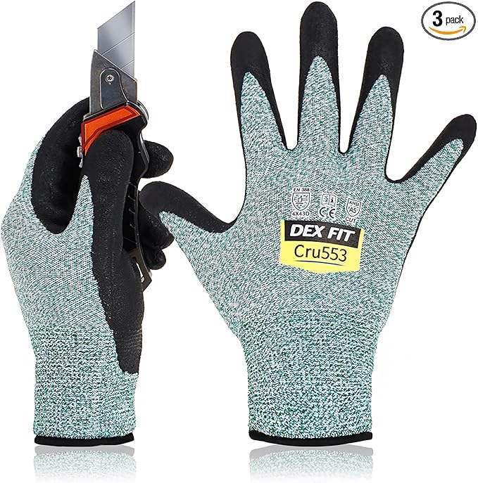 DEX FIT Level 5 Cut Resistant Gloves Cru553; Firm Non-Slip Grip; Thin & Lightweight; Durable & Foam Coated; Touchscreen Compatible; 3D-Comfort Fit; Cut Proof Work Gloves; Green XL (10) 3 Pairs
