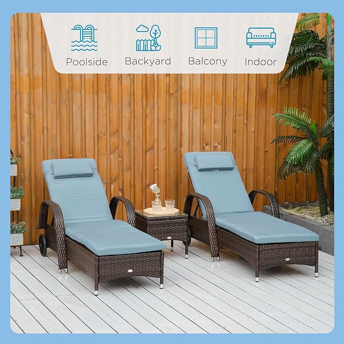 Outsunny Wicker Outdoor Chaise Lounge Chair Set of 3 with Side Table, 5-Level Adjustable Backrest PE Rattan Pool Lounge Chair with Wheels, Cushion & Headrest, Brown and Gray