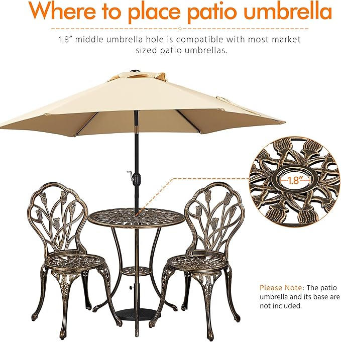 Yaheetech Patio Bistro Sets 3 Piece, Outdoor Rust-Resistant Cast Aluminum Garden Table and Chairs, Bronze