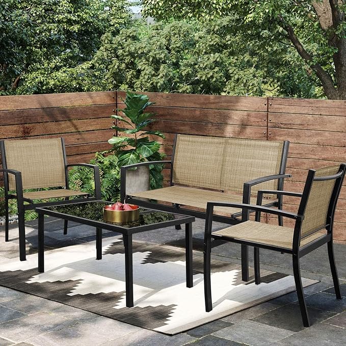 Greesum 4 Pieces Patio Furniture Set, Outdoor Conversation Sets for Patio, Lawn, Garden, Poolside with A Glass Coffee Table, Beige