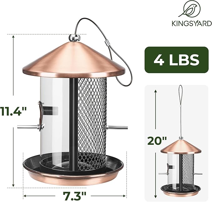 Kingsyard Metal Bird Feeder for Outdoor Hanging - Chew Proof Bird Finch Cardinal Feeder with Dual Chamber of 4 lbs Capacity for Bluebird, Antique Copper