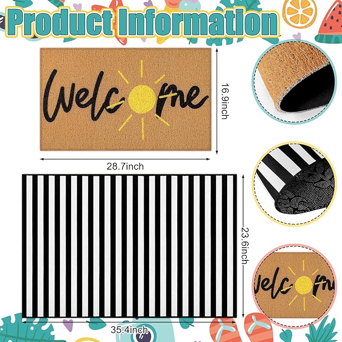 Tinideya 2 Pcs Summer Door Mat Non Slip Wildflower Coastal Hello Sunshine Sweet Home Ocean Pet Welcome Floor Doormat Buffalo Plaid Checked Stripe Mat Seasonal for Front Porch Entryway(Golden Sun)