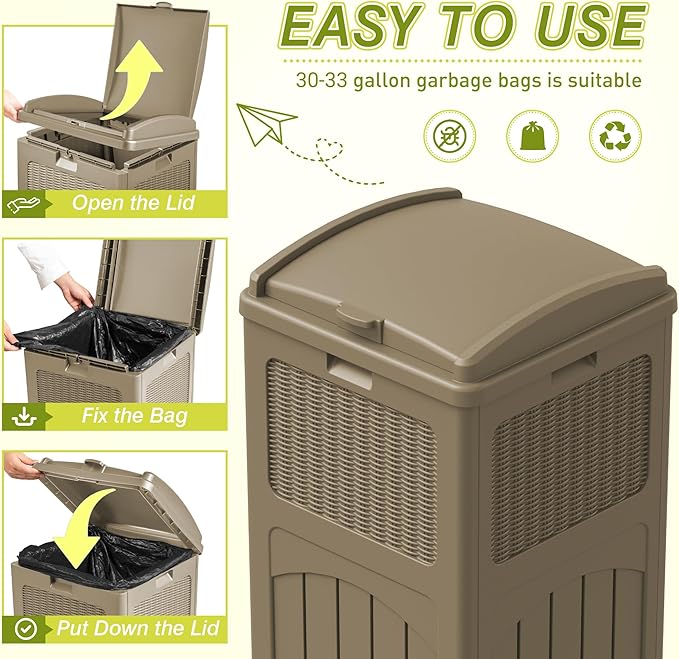 Greesum 33 Gallon Resin Outdoor Trash Can with Lid, Waterproof Resin Garbage Bin for Hideaway, Patio, Deck, 3 Pack, Light Brown