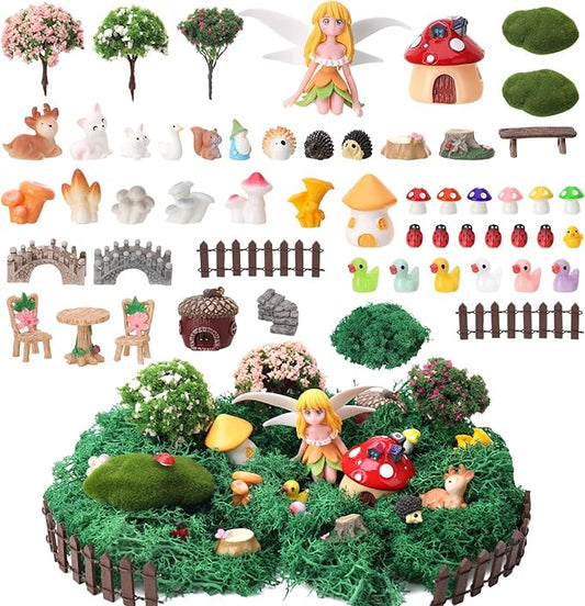 54 Pcs Fairy Garden Accessories, Mini Resin Animals Figures, Miniature Table and Chairs, Bridge, Fence, Fairy House Kit with 50g Artificial Moss for DIY Craft Landscape Bonsai Glass Container