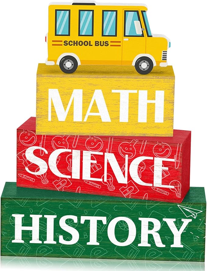 4 Pcs Back to School Table Decorations Rustic First Day of School Tiered Tray Decor Bus Wooden Sign Block Farmhouse Table Centerpiece for Home Classroom Office Shelf Teacher Students Gifts