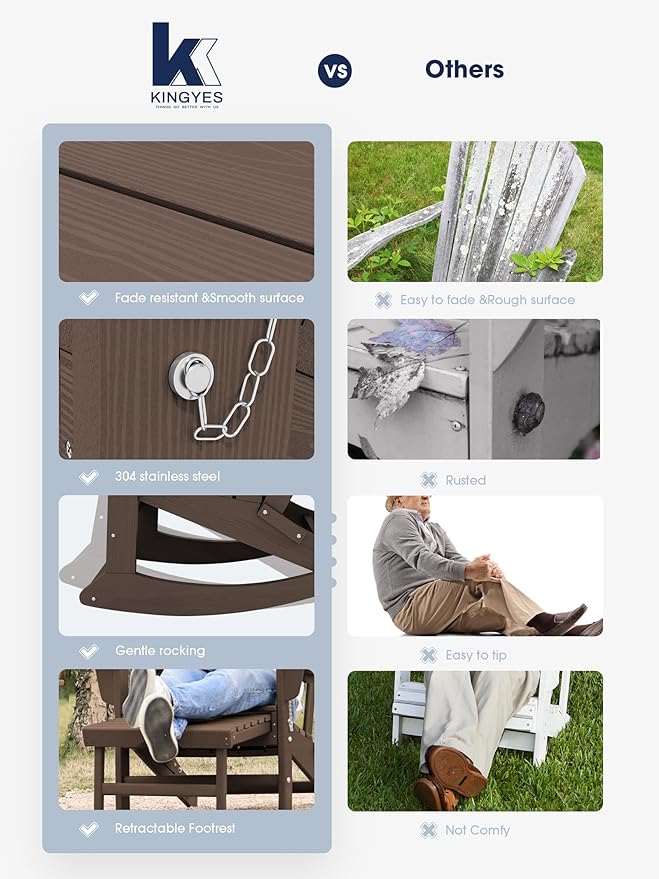 KINGYES Adirondack Rocking Chair Set of 4 with Retractable Ottoman and Cup Holders, HDPE Adirondack Rocker Patio Rocking Chair for Porch, Patio, Balcony, Coffee Brown