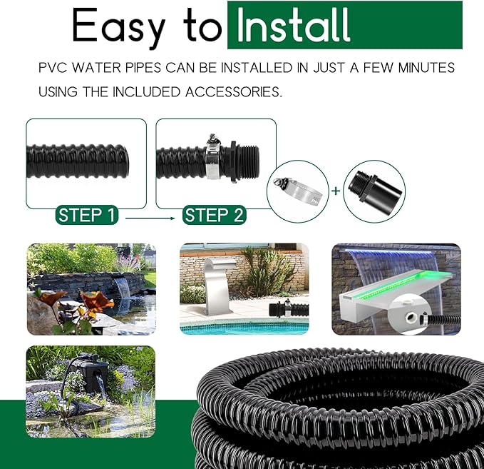 LONGRUN Pond Tubing 1.5 Inch 1-1/2'' Diameter, 26.9 ft Long Corrugated Flexible Hose Pipe with Clamps Pipe Fittings, Pool PVC Tube for Garden Ponds Waterfalls Camping Caravans Filters Drainage Marine