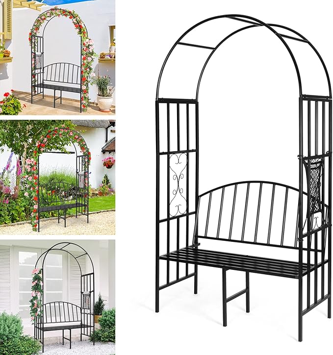 Garden Arch Heavy Duty Arbor with Bench Holds 660lbs | Metal Arbor Archway for Climbing Plant & Two People Seat Bench |Outdoor Lawn Backyard Decor, Black