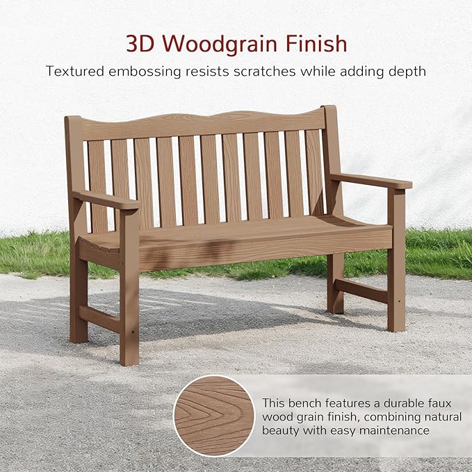 Stoog All-Weather Outdoor Bench, 2-Person Poly Lumber Garden Bench with 800lb Capacity, Never Fade & Rust-Proof, for Backyard, Patio, Deck, and Porch, Teak