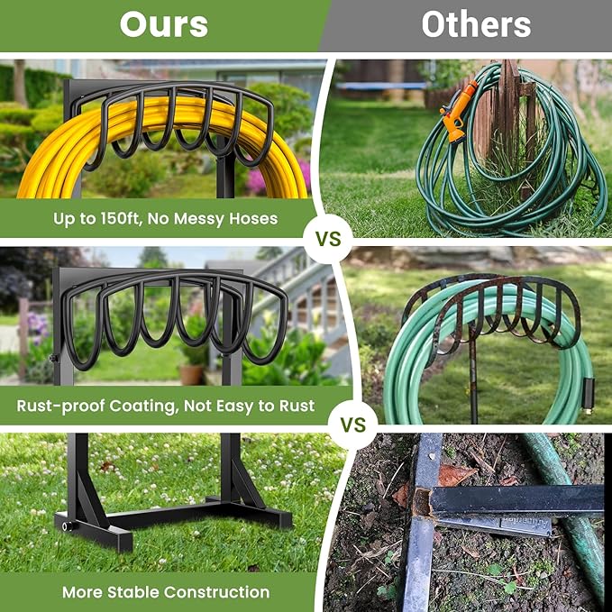 Freestanding Garden Hose Holder, Heavy Duty Water Hose Holder Stand with Stable 4-Spike Base, Fits 5/8" Hoses up to 150ft, No-Drill Yard Storage Alternative to Hose Reel