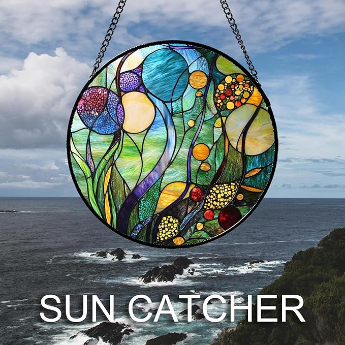 Stained Glass Window Hanging Blue Ocean Water Plants Flower 6.3" - Suncatcher Door Garden Sun Catcher Home Decor Birthday Christmas for Mom Men Woman Nana Friend