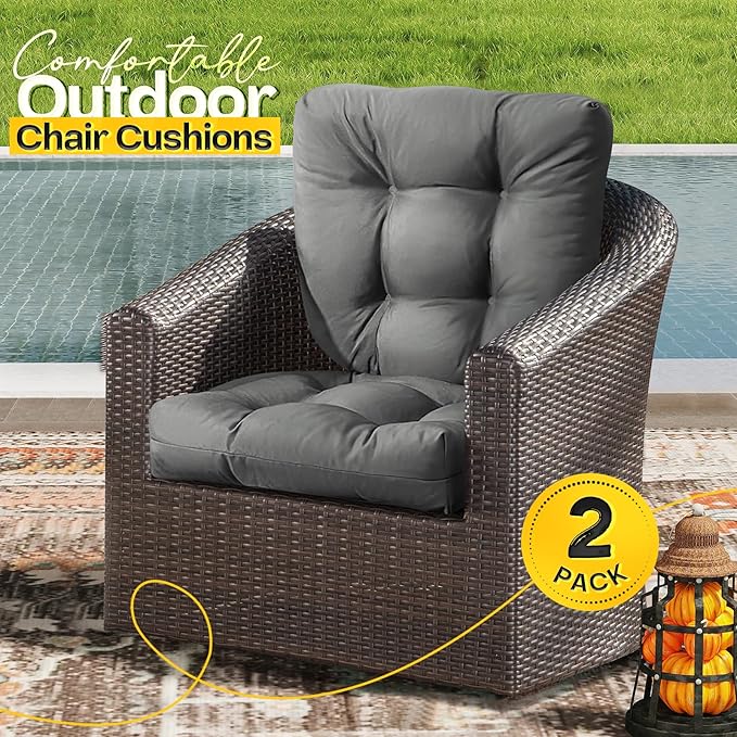 MAGIC ELEPHANT Outdoor Chair Cushions Set of 2, Memory Foam Seat Cushion Pads for Wicker Chair and Patio Furniture, 19 x 19 Inches (Grey)