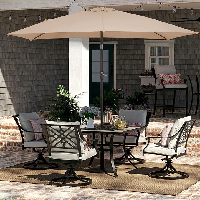 JEAREY 6.5x10 ft Rectangular Patio Umbrellas Outdoor Market Umbrella with Push Button Tilt and Crank, Rectangle Table Umbrellas 6 Sturdy Ribs UV Protection for Pool Garden Backyard Deck, Tan