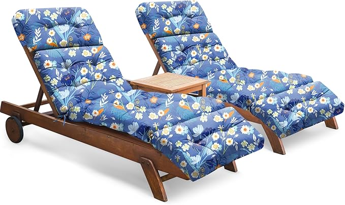 Chaise Lounge Cushions Outdoor Set of 2, 74.4 x 22 x 4.7 Inches Thickened Lounge Chair Cushions Waterproof for Outdoor Furniture with Ties, Non-Slip Patio Pool Lounge Cushions, Blue Floral