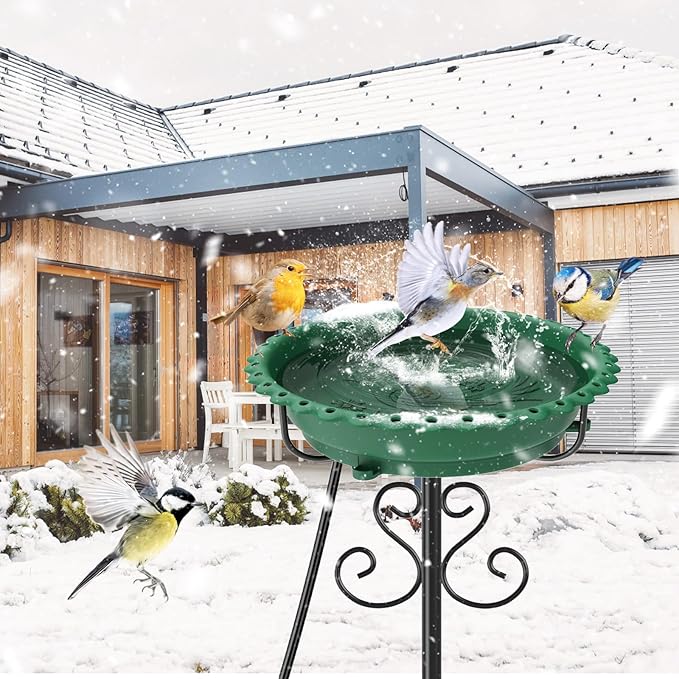 Heated Bird Baths for Outdoors,Upgraded 100W Thermostat Control Heated BirdBaths for Winter with Metal 5 Prong Base Heated Bird Bath for Outside Winter Garden Yard Patio Lawn (Green)