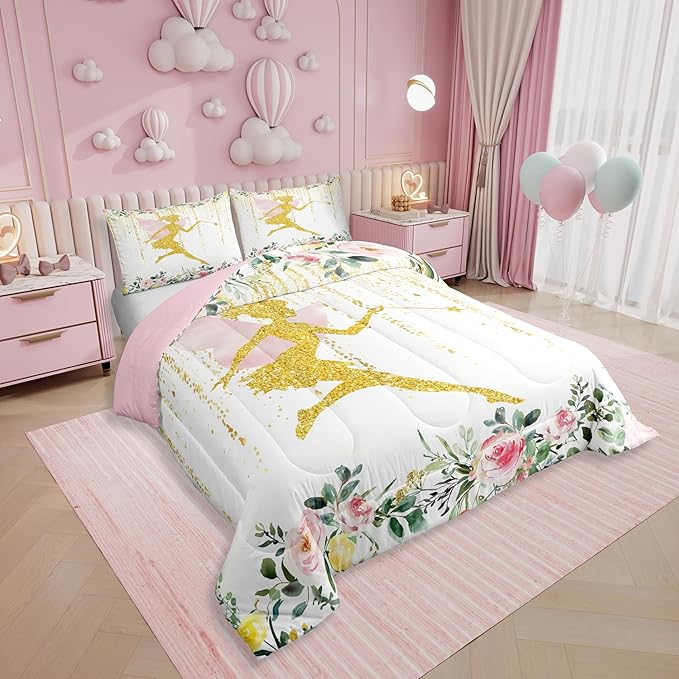 Erosebridal Floral Fairy Queen Comforter Set,Fairy Garden Flower Bedding Sets for Girls Kids,Coquette Dreamy Flowers Quilt Bed Set,Pink Princess Bedroom Decor,2 Pillowcases Lightweight