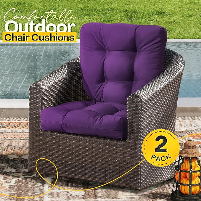 MAGIC ELEPHANT Outdoor Chair Cushions Set of 2, Memory Foam Seat Cushion Pads for Wicker Chair and Patio Furniture, 19 x 19 Inches (Purple)