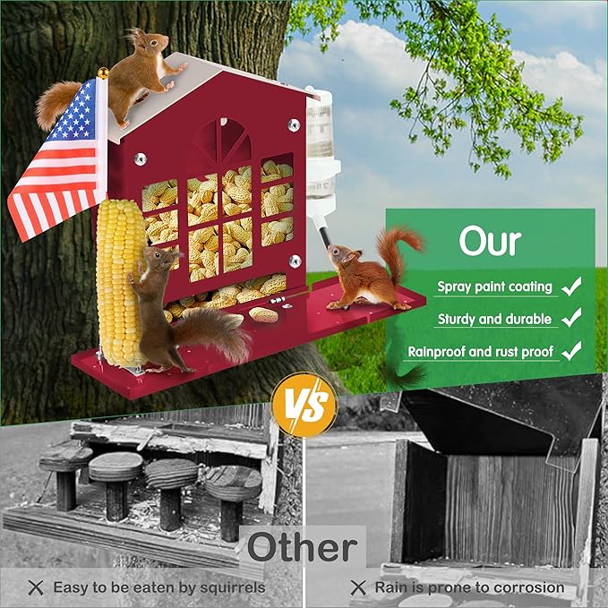 Metal Squirrel Feeder for Outside, Hanging Squirrel House for Outdoors with Water Bottle, Flag and Corn Cobs Holder, Peanut Feeder for Chipmun，Red