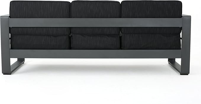 Christopher Knight Home Capecora 3-Seater Sofa with Removable Tray Table, 76.25''W Convertible Aluminum Patio Couch with Cushions, Space-Saving Outdoor Seating for Garden Backyard Balcony, Dark Gray