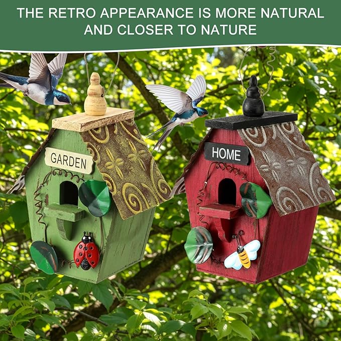 2 Pcs Decorative Birdhouse for Yard Outside Hanging Wooden Birdhouse Hand Painted Bird Box for Bird Lovers Bluebird Tree Swallow Wild Chickadee Garden Decor(Red,Green,Iron Roof)