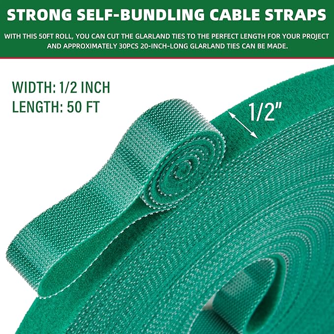 Garland Ties -Adjustable Christmas Decoration Ties for Lights, Stairs, Banister, Tree &Wreaths|Durable &Easy to Use|50ft Roll Cut to Custom Length|Holiday Décor Hanger for DIY Decorating|Green