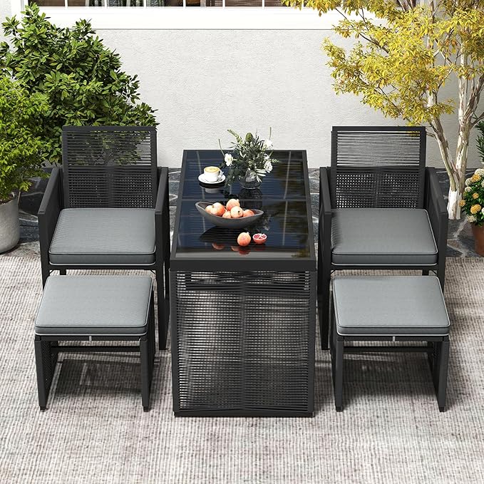 Tangkula 5 Pieces PE Wicker Patio Dining Set, Outdoor Conversation Set with Cushions, Space-Saving Patio Rattan Chair and Tempered Glass Table Set with Ottomans for Garden, Backyard & Poolside