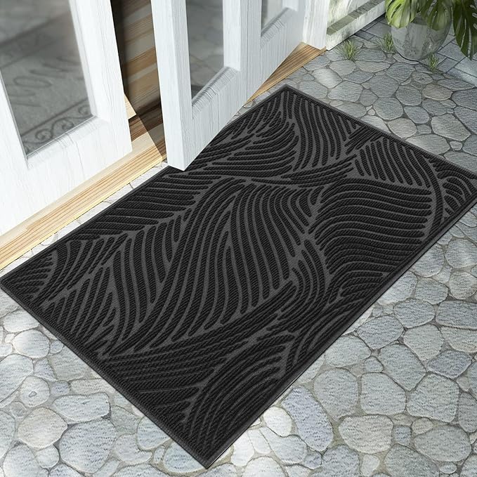 Yimobra Doormat Outdoor Entrance, Simple Stripes All-Weather Waterproof & Non-Slip Mat for Front Door, Heavy Duty Welcome Mat for Indoor, Garage, Patio-36x24, Black
