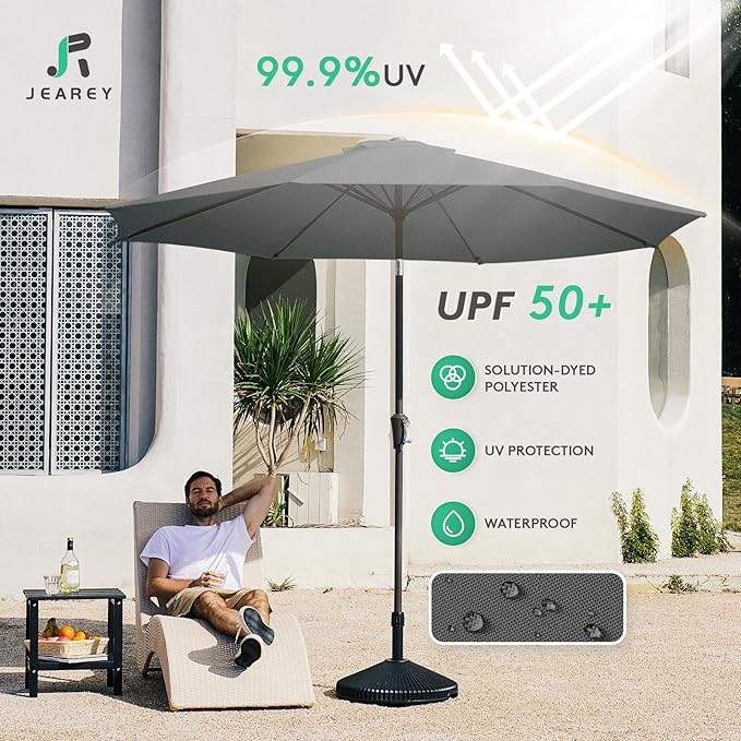 JEAREY 10FT Outdoor Patio Umbrella Outdoor Table Umbrella with Push Button Tilt and Crank, Market Umbrella 8 Sturdy Ribs UV Protection Waterproof for Pool, Garden (Gray)