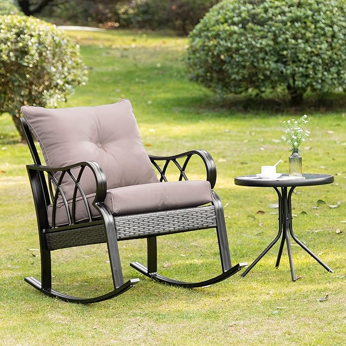 Outsunny Outdoor Wicker Rocking Chair with Padded Cushions, Aluminum Furniture Rattan Porch Rocker Chair w/Armrest for Garden, Patio, and Backyard, Gray