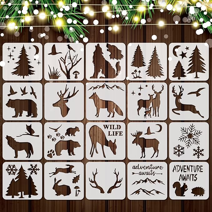 20 Pieces Forest Animal Stencils for Painting on Wood Reusable Wildlife Stencils Deer Bear Wolf Moose Drawing Templates for Winter Christmas Party Crafts Decor