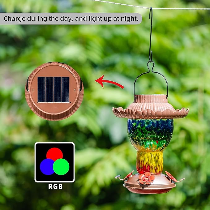 Solar Hummingbird Feeder for Outdoors Hanging Ant and Bee Proof, 25oz Color Changing Light Hand Blown Glass, Leakproof Garden Decor, Gitfs for Bird Lover (Rainbow)