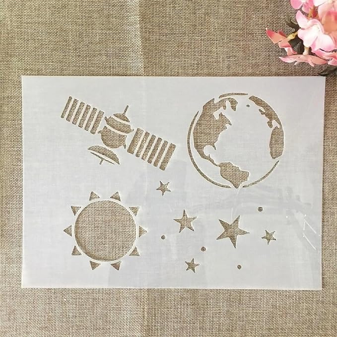 TIAMECH A4 Reusable Satellite Aerospace Stencil for Painting - Earth Planet Layering Template, DIY Wall Art, Wood Furniture, Scrapbook & Crafts (8.3x11.7inch)