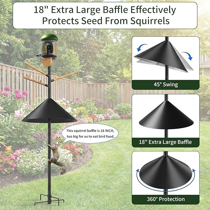 LONA Heavy Duty Bird Feeder Pole - 105 Inch Adjustable Height with 0.9-Inch Dia Bird House Pole Mount Kit for Outdoors, Squirrel Proof Baffle, 5-Prong Base, Feeding Stand for Hanging Feeders
