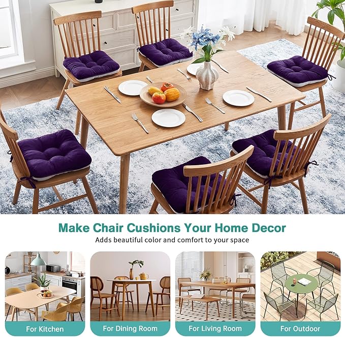 BETU Chair Cushions for Dining Chairs Set of 6,3.5" Thick Kitchen Table Chair Pads with Ties,Non Slip Backing and Covers, Seat Cushion for Dining Room,Bar,Patio Chairs,16"X16"X3.5",Dark Purple