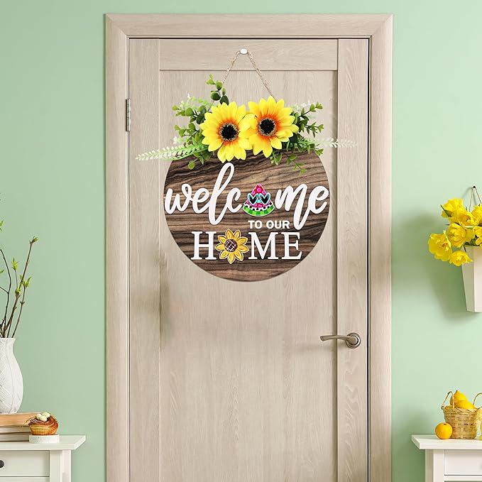 Interchangeable Welcome Sign for Front Door with 4 Seasonal Wreaths and 21 Changeable Icons, Farmhouse Rustic Outdoor Welcome Signs Porch, Holiday Spring Summer Winter Fall Decorations for Home Gifts