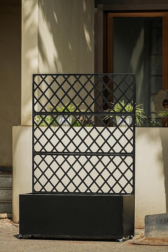 IDEAHOUSE Steel Raised Garden Bed w/Trellis & Privacy Screen - 71x46x16 in Planter Box w/Lockable Casters, Drainage Holes for Vines, Vegetables on Patio, Deck, Yard, Black