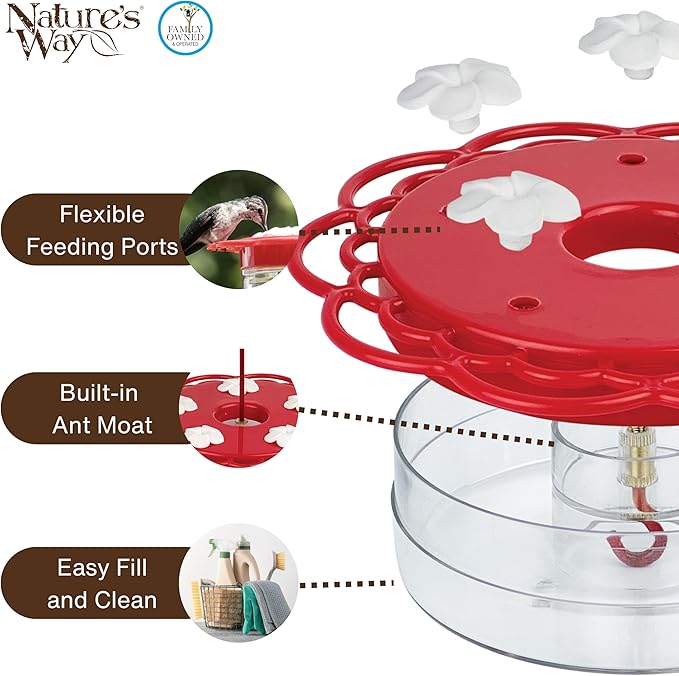 Nature's Way Plastic Hummingbird Feeder for Outdoor Decor, Hanging Feeder and Window Feeder, 13 Ounce Capacity Nectar Feeder, 5 Easy to Clean Flexible Ports, Red
