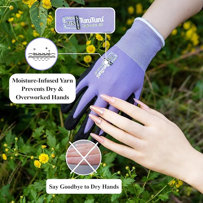 HandLove 6 Pairs Gardening Gloves for Women-Moisturizing Durable Work Gloves.Latex-free Sandy Nitrile Coated for Yard Garden,Touchscreen Friendly Protective Gloves with Grip, Medium,Blue&Purple