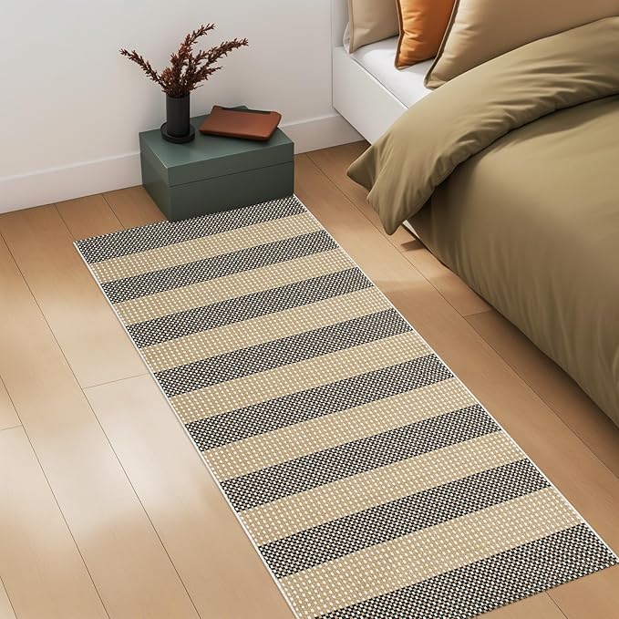 Striped Outdoor Front Door Mat 24"x51", Cotton Hand Woven Rug Indoor Doormat Washable Black and Tan Rug Runner, Foldable Front Door Rugs for Entryway/Farmhouse/Home Entrance
