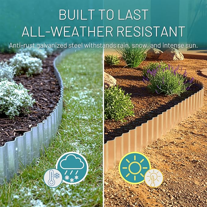 50FT Galvanized Steel Corrugated Metal Landscape Edging – Flexible & Rustproof Garden Edging Border, Decorative Metal Trim for Flower Beds, Lawn, Driveway, Walkway & Raised Beds