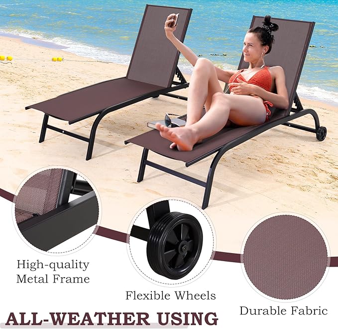 EROMMY Patio Chaise Lounge Chair Set of 2 with Wheels, Oversized 26" W Outdoor Lounge Chairs with Adjustable Backrest, Waterproof Poolside Lounge Chairs