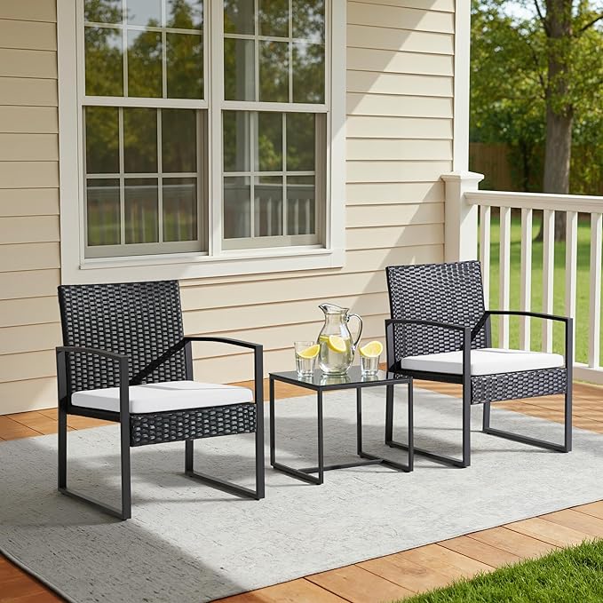 Greesum 3 Piece Wicker Conversation Bistro Sets Outdoor Patio Set Modern Rattan Chair Furniture Sets with Coffee Table for Yard Garden Porch Lawn (White)