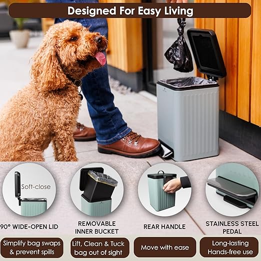 Small Dog Poop Trash Can Outside – 6L/1.6 Gallon Dog Small Trash Can with Lid, Odor-Locking Carbon Filter System, Hands-Free Stainless Steel Pedal, Easy-Clean Removable Bucket, Sage Green