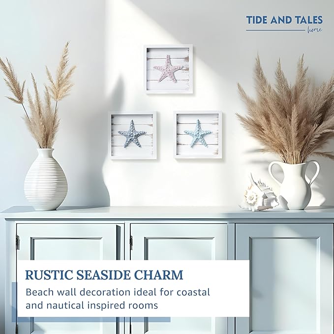 Tide and Tales 3D Starfish Wall Art (Framed Set of 3) Coastal Theme Wall Hanging Decoration for Bathroom or Tropical Bedroom, Ocean Inspired Seashell Decor for Home or Beach House (7"x 7")