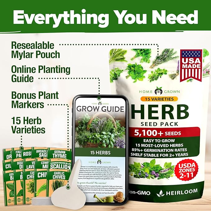 HOME GROWN 15 Herb Seeds for Planting 5,100+ Non-GMO Heirloom Seeds | Extra Large Variety Pack Herb Kit – Indoor Outdoor & Hydroponic | Culinary Seed Set | Grow Your Own Herbs | Gardening Gift